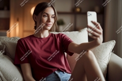 Woman taking selfie on couch phone casual Product Image 1