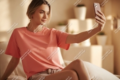 Woman taking selfie with phone casual home Product Image 1