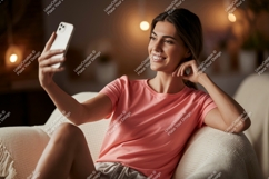 Woman taking selfie on sofa phone indoor Product Image 1