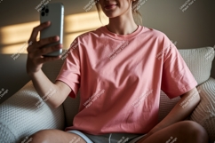Woman holding phone taking selfie pink t-shirt Product Image 1