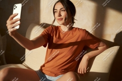Woman holding phone taking selfie on couch indoor Product Image 1