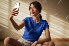 Woman taking selfie wearing blue shirt phone Product Image 1
