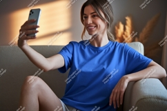 Woman taking selfie on sofa phone blue Product Image 1
