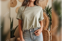 Woman In Green Tshirt Mockup With Plants Product Image 1