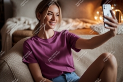 Woman taking selfie on couch phone casual Product Image 1
