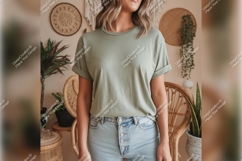 Woman Wearing Olive Green Tshirt Mockup Design Product Image 1