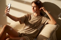 Woman taking selfie on couch phone casual Product Image 1