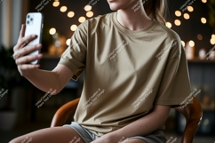 Person holding phone taking selfie t-shirt shorts Product Image 1