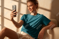 Woman taking selfie with phone t-shirt shorts Product Image 1