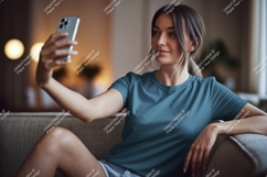 Woman taking selfie with phone on couch casual Product Image 1