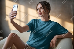 Woman taking selfie with phone t-shirt Product Image 1