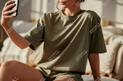 Woman holding phone taking selfie in olive loungewear Product Image 1