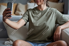 Woman taking selfie wearing olive t shirt phone Product Image 1