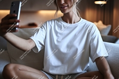 Woman holding phone taking selfie white t-shirt Product Image 1