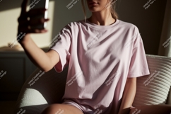 Pink shirt woman taking selfie phone Product Image 1