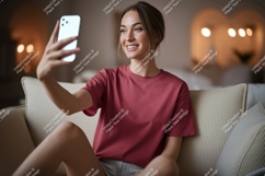 Woman taking selfie on couch phone casual Product Image 1