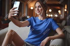 Woman wearing blue shirt taking selfie phone Product Image 1