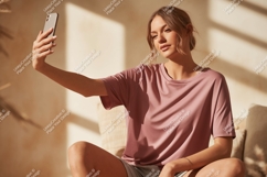 Woman taking selfie in pink shirt phone Product Image 1