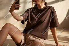 Woman taking selfie wearing brown t shirt and beige shorts Product Image 1