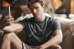 Man taking selfie on phone grey t-shirt Product Image 1