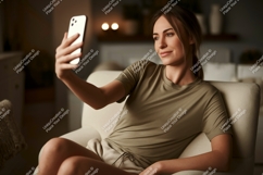 Woman taking selfie with phone indoor couch Product Image 1