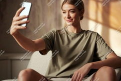 Woman taking selfie wearing olive green t shirt phone Product Image 1