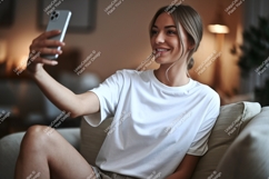 Woman taking selfie on couch phone casual Product Image 1