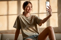 Woman taking selfie with phone casual t-shirt Product Image 1