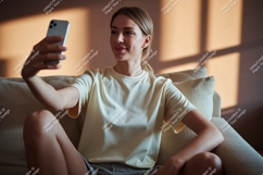 Woman taking selfie on sofa phone casual Product Image 1