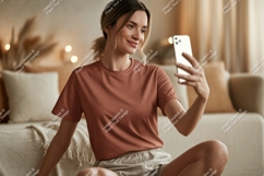 Woman taking selfie with phone casual home Product Image 1