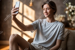 Woman taking selfie in casual attire phone home Product Image 1