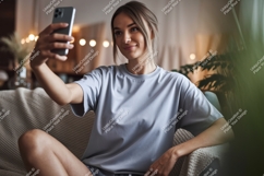 Woman taking selfie on couch phone home Product Image 1