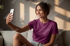 Woman taking selfie wearing purple t shirt phone Product Image 1