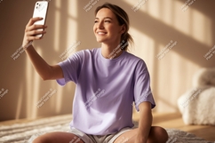 Woman taking selfie with phone indoor casual Product Image 1