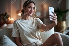 Woman taking selfie on couch phone home Product Image 1