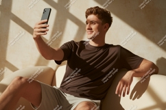 Young man taking selfie on couch phone casual Product Image 1
