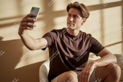 Young man taking selfie with phone brown Product Image 1