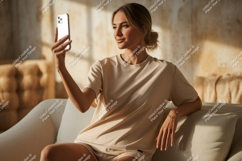 Woman taking selfie with phone couch casual Product Image 1