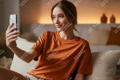 Woman taking selfie with phone indoor casual Product Image 1
