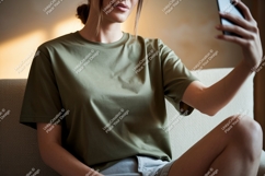 Woman wearing olive green t shirt taking selfie image Product Image 1