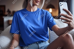 Blue shirt woman taking selfie phone Product Image 1