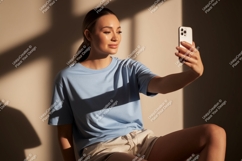 Woman taking selfie with phone blue shirt Product Image 1