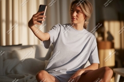 Woman taking selfie in grey t shirt phone Product Image 1