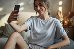 Young woman taking selfie indoors phone casual Product Image 1