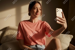Woman taking selfie with phone indoor Product Image 1