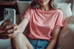 Woman holding phone wearing pink shirt denim Product Image 1