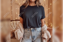 Woman Wearing Black Tshirt Mockup In Studio Product Image 1