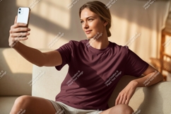 Woman taking selfie on couch phone casual Product Image 1