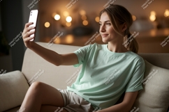 Woman taking selfie on couch phone home Product Image 1