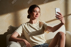 Woman taking selfie in armchair phone casual Product Image 1